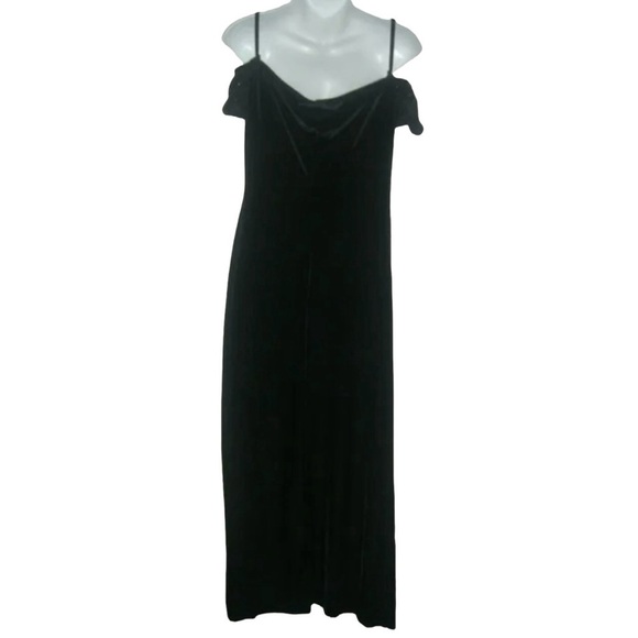 Vintage 90s Robbie Bee Black Crushed Velvet Long Glitter Dress Cold Shoulder y2k - Picture 4 of 10